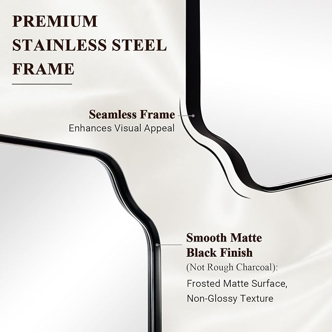 ANDY STAR 24x24 Inch Square Mirror, Matte Black Vanity Mirror, Modern Scalloped Bathroom Mirror in Premium Stainless Steel Thin Frame, Unique Rounded Notched Corners