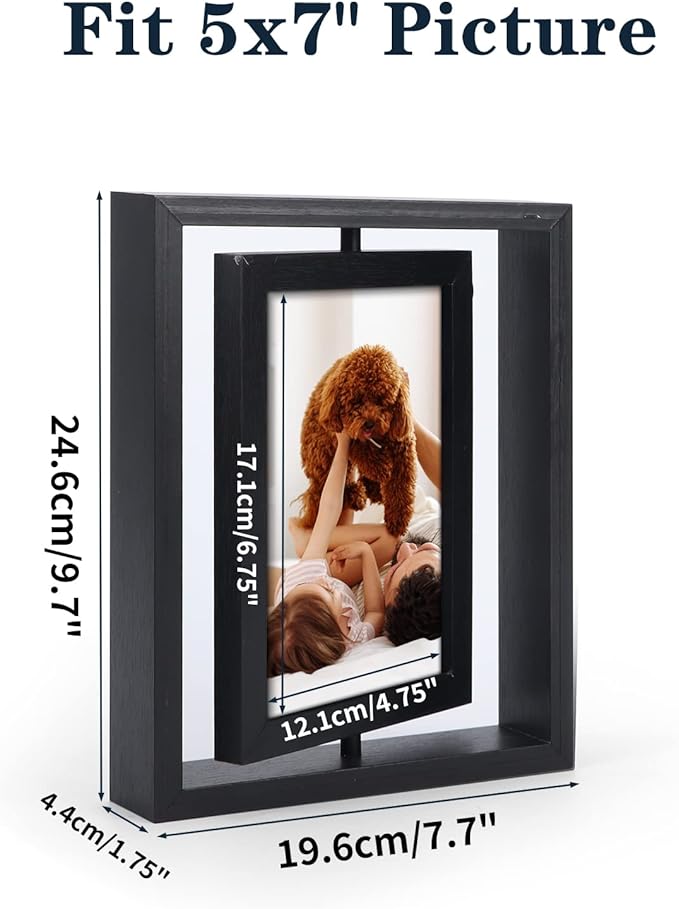 EXYGLO 2 Pack 5x7 Rustic Rotating Floating Picture Frames, Photo Frames for Vertical or Horizontal Tabletop Display, Black