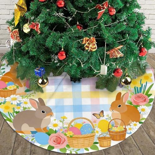 Christmas Tree Skirt, Happy Easter Colorful Easter Egg Bunny Grass On Blue Wooden Xmas Large Tree Mat, Party Decorations 36" inches - Image 4