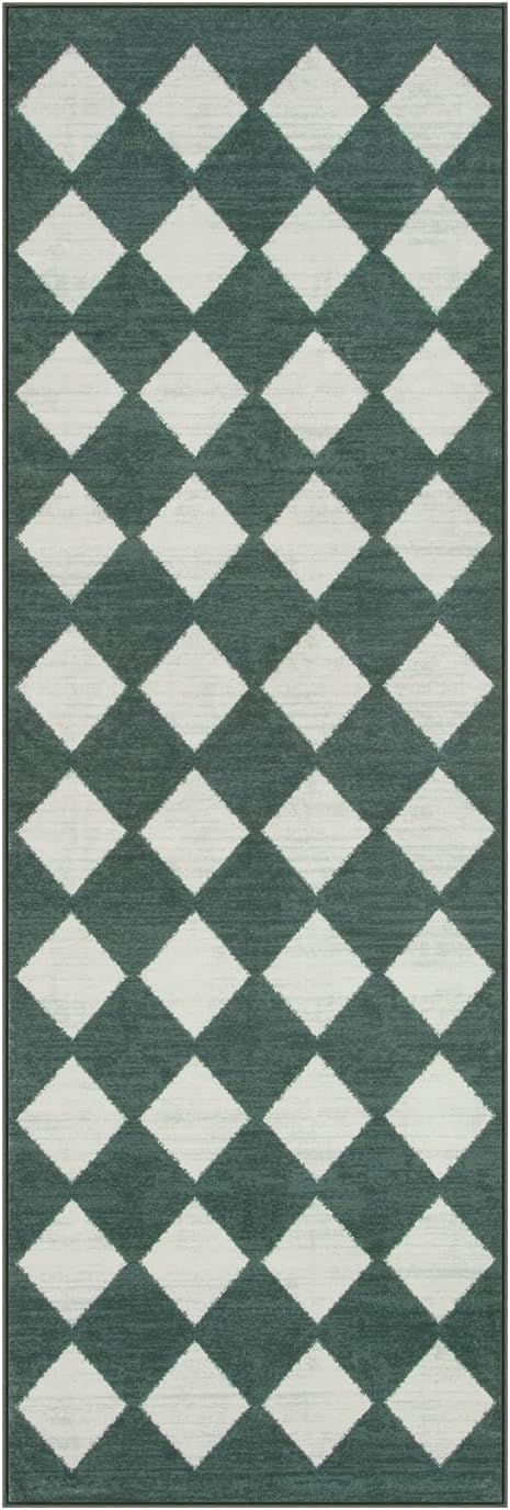 Lahome Zelie Checkered Washable 2x6 Green Runners for Hallways Non Slip, Ultra-Thin Kitchen Bathroom Runner Rugs, Moroccan Trellis Throw Carpet Runner for Bedroom Entryway Decor (2'x6',Dark Green)