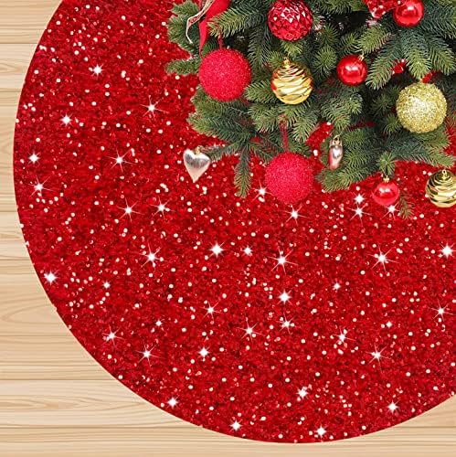 Christmas Tree Skirt Red 36 Inch Round Velour Tree Skirt Sparkle Sequins Xmas Tree Mat Vintage Farmhouse Tree Floor Base Christmas Decorations for Artificial Tree Wedding Party Outdoor Decoration by FANPROMS