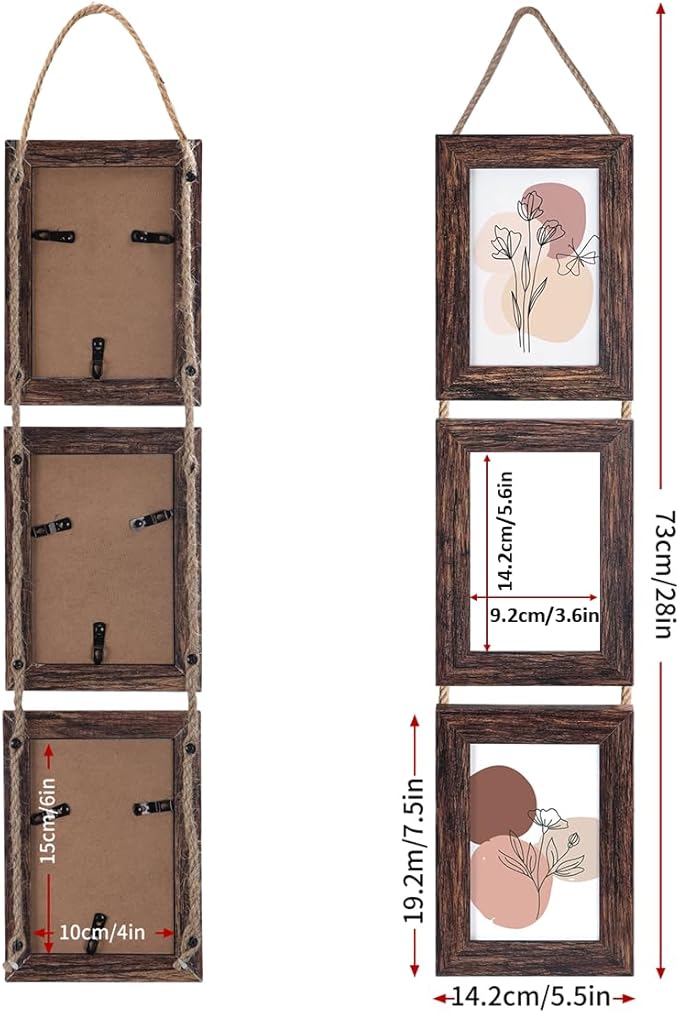 Lavezee Wall Hanging 4x6 Picture Frames Set of 2, Vertical Collage Distressed Brown Triple Frame Made to Display 4 by 6 inch Photo for Wall Decor