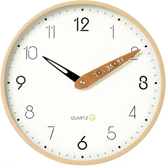 Topkey 12 Inch Silent Wall Clock for Kids - Wooden Look Non Ticking Clock, Playroom & Classroom Decor, Easy Install???Battery Operated - Light Wooden Brown