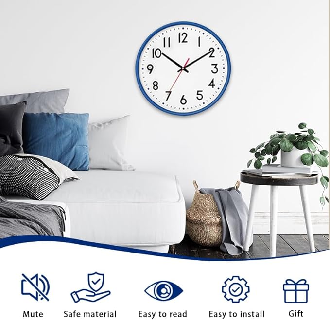 HZDHCLH Wall Clock Blue,Silent Wall Clocks Battery Operated 12 Inch Modern Non Ticking Analog Clock Decorative for Kitchen Bedroom Living Room Office Classroom