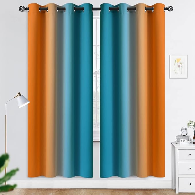 COSVIYA Grommet Ombre Room Darkening Curtains 72 inches Length for Kids/Girls Bedroom, Polyester Light Blocking Orange and Blue Gradient Window Drapes/Curtains for Living Room,2 Panels, 52x72 inches
