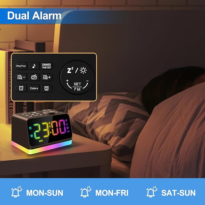 JALL Digital Alarm Clock with FM Radio for Bedroom, 8 Colors Night Light with Charging Port, Sleep Sound Machines with Timer, Dual Alarm (Black with RGB Font) - Image 6
