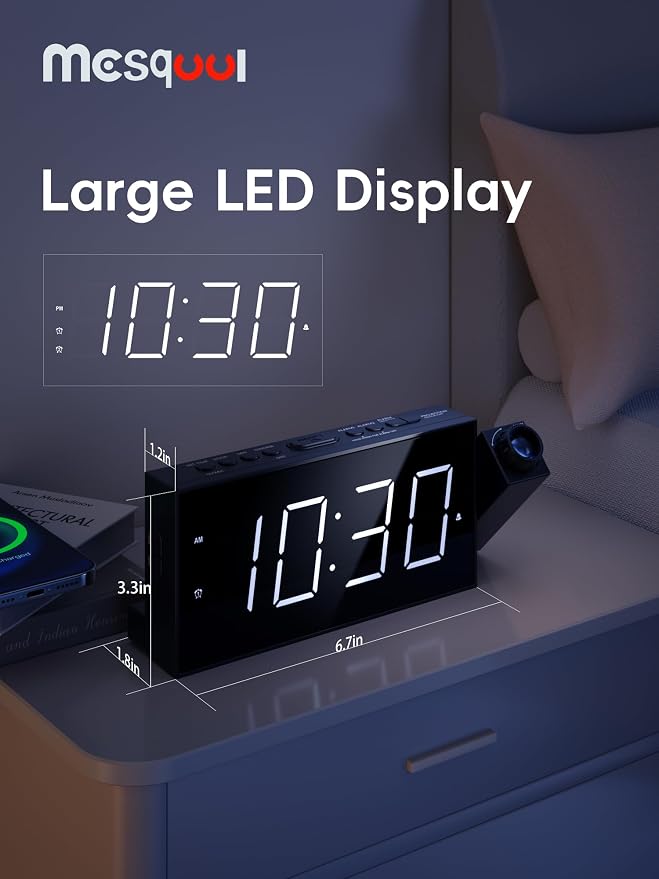 Mesqool Projection Alarm Clock with Loud Bed Shaker, Dual Alarms | 5-level Dimmer, USB charger, Snooze & DST, Loud Vibrating Alarm with Battery Backup, Perfect for Heavy Sleepers - Image 2