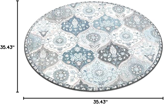 Lahome Moroccan Trellis Round Area Rugs, Washable Small Round Rug 3ft Non-Slip, Soft Vintage Ultra-Thin Circle Carpet for Bedroom Entryway Kitchen Laundry Bathroom Elise, Blue