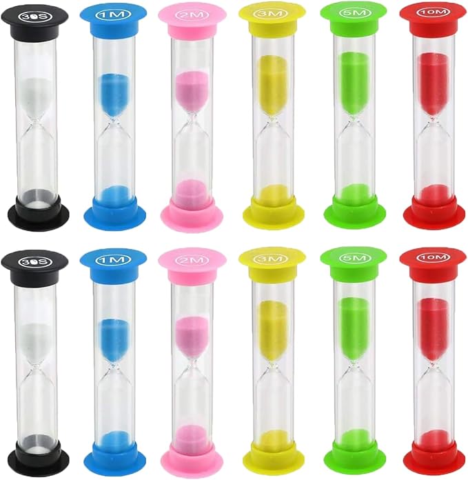 Sand Timer, KISEER 12 Pcs Colorful Hourglass Sandglass Sand Clock Timers Set 30sec / 1min / 2mins / 3mins / 5mins / 10mins for Brushing Children's Teeth, Cooking, Game, School, Office