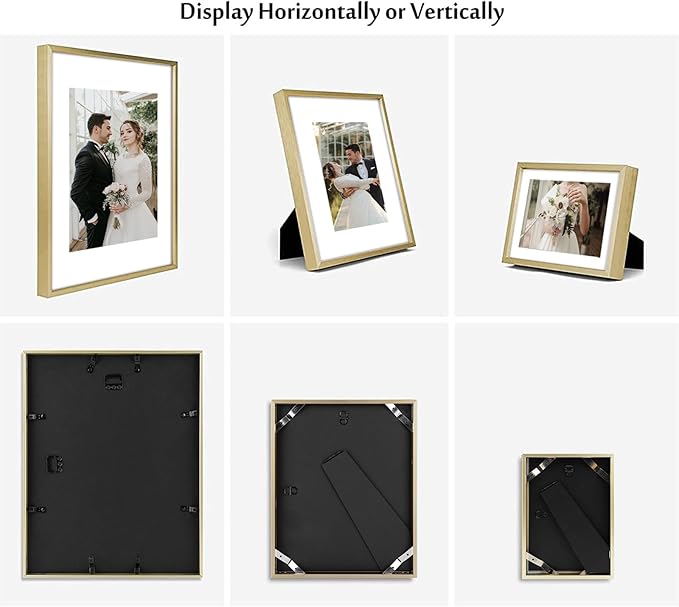 Golden State Art, Picture Frame Set 7 Pack, Gallery Wall Frame with One 11x14, Two 8x10, and Four 5x7. Aluminum Photos Frame for Wall or Tabletop Display (Style 1, Gold, 7 Pack)