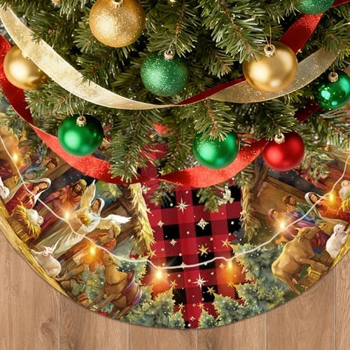 Double Sided Christmas Tree Skirt with LED Lights, 36 Inch Christmas Skirt Tree Decoration with Buffalo Plaid Nativity, Christmas Trees Mat for Under Trees Holiday Party Indoor Decorations by HEIFAM