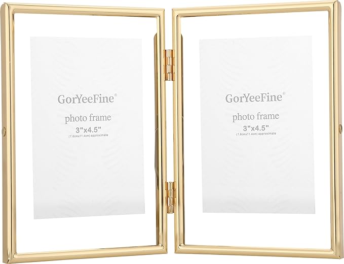 Gold 4x6 Double Floating Frame for Photo Sizes(2x3'',3.5x5''),Classy Metal Rounded Edge Frame Adjustable Tabletop/Shelf Photo Frame,for Wedding,Christmas,Birthady,Home or Office Decor.