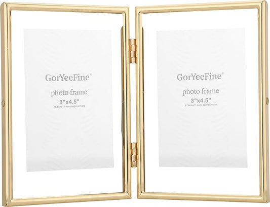 Gold 4x6 Double Floating Frame for Photo Sizes(2x3'',3.5x5''),Classy Metal Rounded Edge Frame Adjustable Tabletop/Shelf Photo Frame,for Wedding,Christmas,Birthady,Home or Office Decor.
