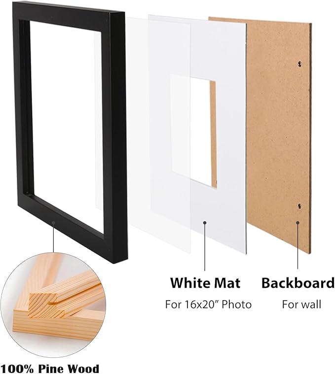 Egofine 18x24 Solid Wood Poster Frames Matted for 16x20 Black - Acrylic Plexiglass Front for Wall Mounting Hanging Picture Frame Vertically or Horizontally, Set of 2
