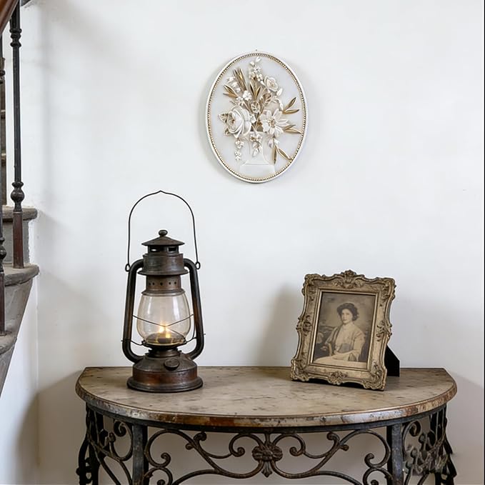 SIKOO Vintage Wall Sculptures White Flower Wall Art Hand Painted Ornate Wall Hanging Decoration Antique Pediment Wall Statue Ornament Decor Gallery for Kitchen Bedroom Living Room