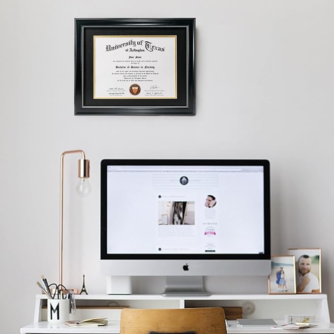 GraduationMall 8.5x11 Diploma Frame with Black over Gold Mat or Display 11x14 Document without Mat, Tempered Glass, Black with Silver Beads, Set of 3