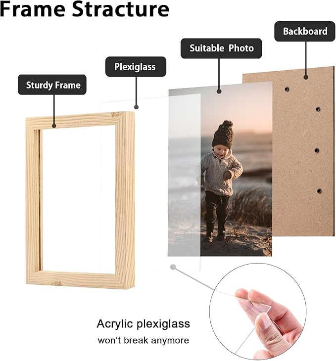KINLINK 4x6 Picture Frame Wood Grain Set of 6, Wooden Photo Frames with Plexiglass for 4x6 without Mat for Table and Wall Display