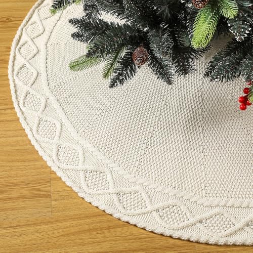 Sattiyrch Knit Christmas Tree Skirt – Classic Cable Knit Tree Base Wrap with Tie Closure – Cozy Holiday Décor for 4–6 ft Christmas Tree (White,36in) by Sattiyrch