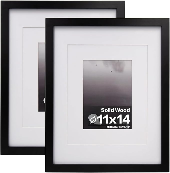 Egofine 11x14 Picture Frames Made of Solid Wood 2 PCS Black Covered by Plexiglass - for Table Top and Wall Mounting for Pictures 8x10 or 5x7 with Mat Horizontally or Vertically Display Photo Frame