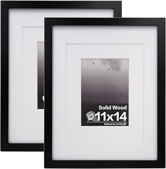 Egofine 11x14 Picture Frames Made of Solid Wood 2 PCS Black Covered by Plexiglass - for Table Top and Wall Mounting for Pictures 8x10 or 5x7 with Mat Horizontally or Vertically Display Photo Frame