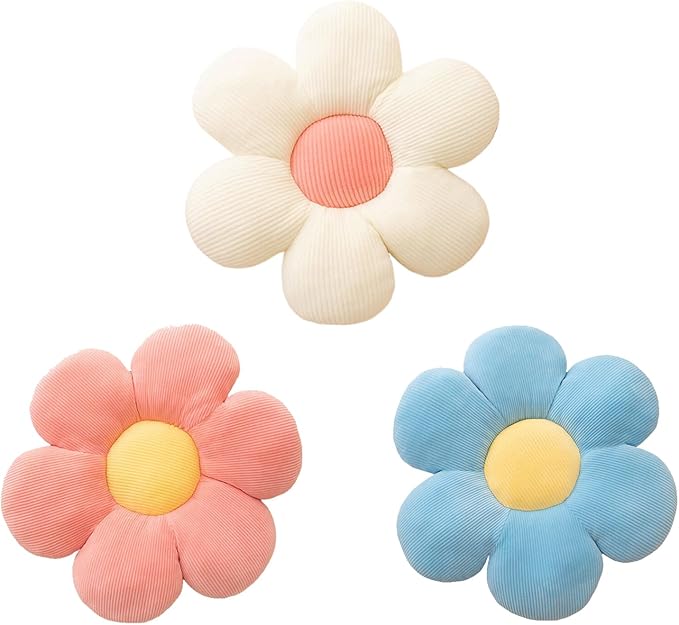 CANGHI Flower Pillow Set 3 Pcs Flower Shaped Throw Pillow 15.7'' Cute Daisy Flower Pillow Flower Seating Cushions for Adults Kids Home Bedroom Sofa Chair Couch Decor (White/Pink/Blue, 15.74 in)