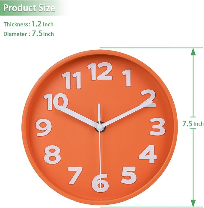 45MinST 8-Inch Orange Modern Wall Clock ?€? Silent Non-Ticking, 3D Large Numbers, Accurate Timekeeping | Decorative Wall & Desk Clock with Stand for Living Room, Bedroom, Kitchen, or Office