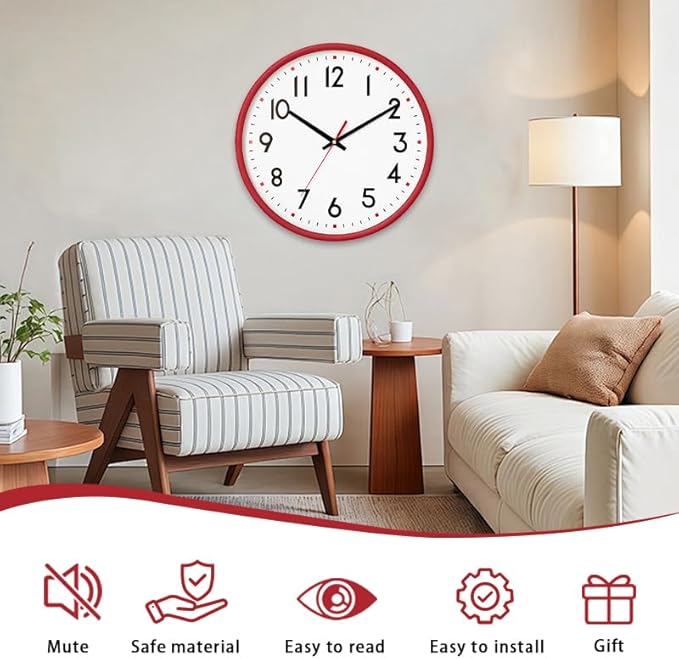 HZDHCLH Wall Clock Red,Silent Wall Clocks Battery Operated 12 Inch Modern Non Ticking Analog Clock Decorative for Kitchen Bedroom Living Room Office Classroom