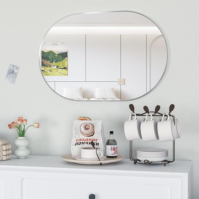 Oval Bathroom Mirror Wall Vanity Oval Mirrors, 20"x30" Silver Bathroom Mirrors for Over Sink Pill Mirrors Capsule Wall Mounted Mirror, Modern Mirror with Metal Frame for Wall Decor