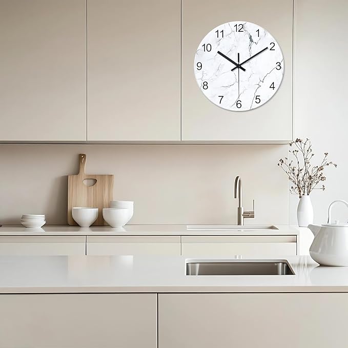 White Marble Glass Wall Clocks Battery Operated 12 Inch Abstract Decorative Analog Wall Clocks for Living Room Bedroom Office Silent Wall Clock Modern