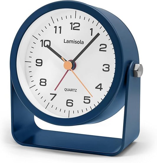 3.5 Inch Small Desk Alarm Clock, Battery Operated Analog Silent Clock with Night Light, Retro Vintage Metal Bedside Clock for Bedroom, Office, Bathroom, Dorm, Shelf, Table -Navy Blue