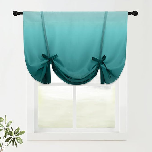 COSVIYA 100% Blackout Ombre Teal Adjustable Tie Up Curtains for Kitchen Thermal Insulated Room Darkening Valance Rod Pocket Balloon Roman Shade for Small Window,48" L x 34" W, 1 Panel