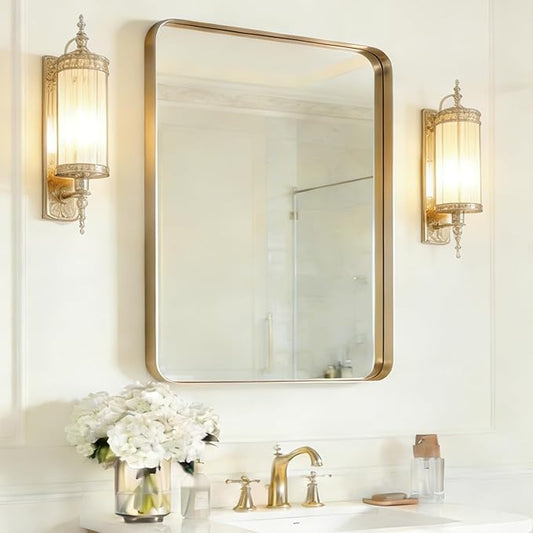 USHOWER Gold Bathroom Mirror 22"x30", Brushed Gold Rectangle Mirror for Over Sink, Aluminum Frame, Anti-Rust, Tempered Glass, Horizontal or Vertical Mounted, Champagne Gold (Neutral Gold)