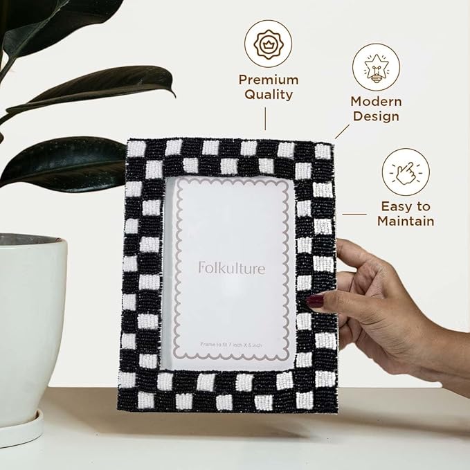 Folkulture Beaded Picture Frame for Wall or Tabletop | 5x7 B&W Checkered Modern Black & White Photo Frame with Plexiglass | Vertical & Horizontal Display | Handmade Home Décor, Housewarming