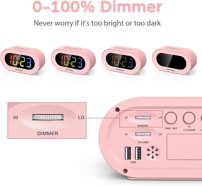 REACHER Pink Colorful LED Digital Alarm Clock with USB Charger - Image 3