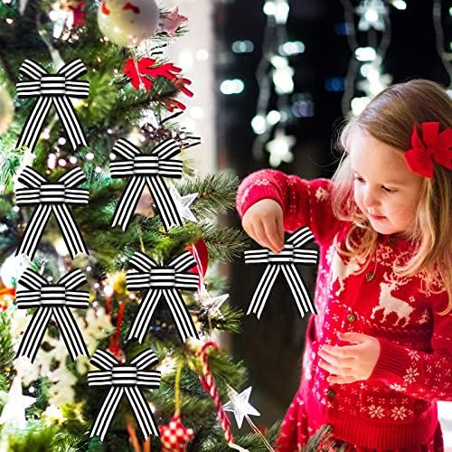 12 Pieces Christmas Black White Stripe Tree Topper Bows Christmas Burlap Bows Halloween Wreath Bow Craft for Tree Gift Wrapping Wall Home Front Door Decor - Image 3