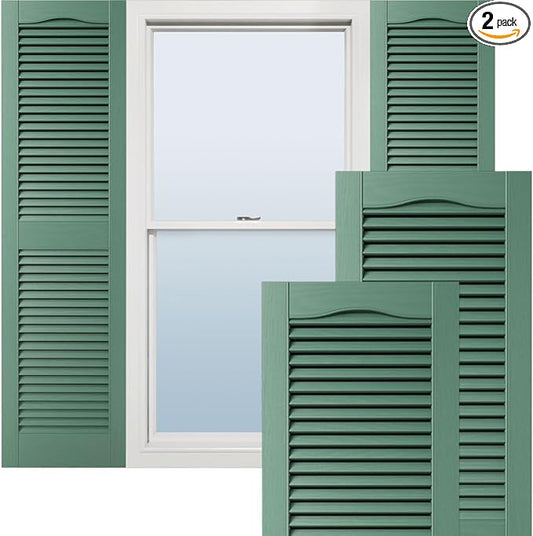 12"W x 80"H Lifetime Vinyl, Standard Cathedral Top Center Mullion, Open Louver Shutters, w/Installation Shutter-Lok's & Matching Screws (Per Pair), Forest Green