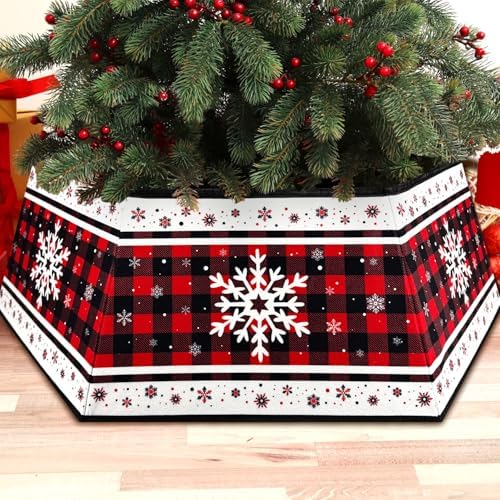 Christmas Tree Collar, Red Christmas Tree Collar, Buffalo Plaid Christmas Trees Skirt, Square Christmas Trees Ring, Foldable Hexagon Xmas Tree Skirt, Snowflake Decor for Holiday Party Home, 31 inch by LIOQUN