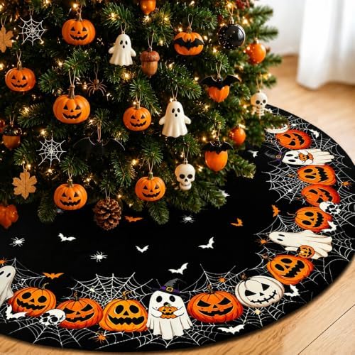 30 Inch Halloween Tree Skirt Mat Short Plush Pumpkin Spider Web Tree Skirts for Indoor Outdoor Halloween Tree Decoration by BnhjsdwTablecloth