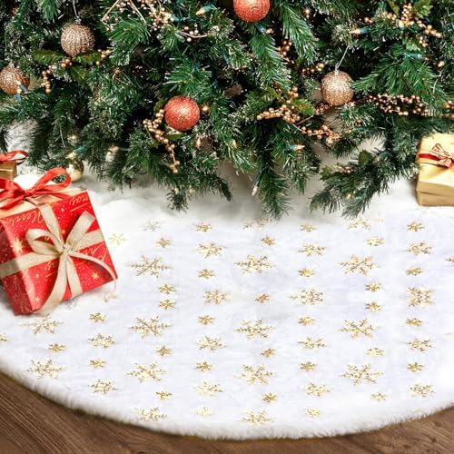Christmas Tree Skirt 48Inch, Holiday Part Decorations for Christmas Tree, Whit Plush Glod Sequin Snowflake Tree Shirt for Xmas by Unknown