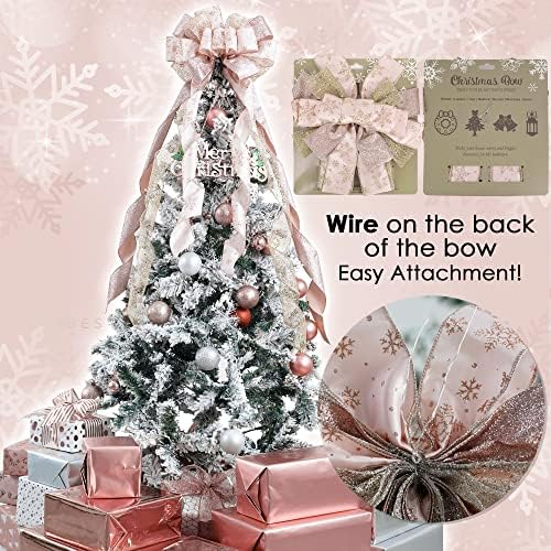 MEEDEE Rose Gold Christmas Tree Topper Rose Gold Glitter Christmas Bows 12" Wide Snowflake Ribbon Bow Rose Gold Christmas Bows Rose Gold Christmas Topper Rose Gold Bows for Christmas Tree (1 Pack) - Image 3
