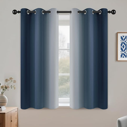 COSVIYA Curtains & Drapes Ombre Navy Blue Curtains 45 inch Long 2 Panels Set, Grommet Room Darkening Light Blocking Insulated Thermal Gradient Window Panels for Bedroom/Living Room,42x45 inches