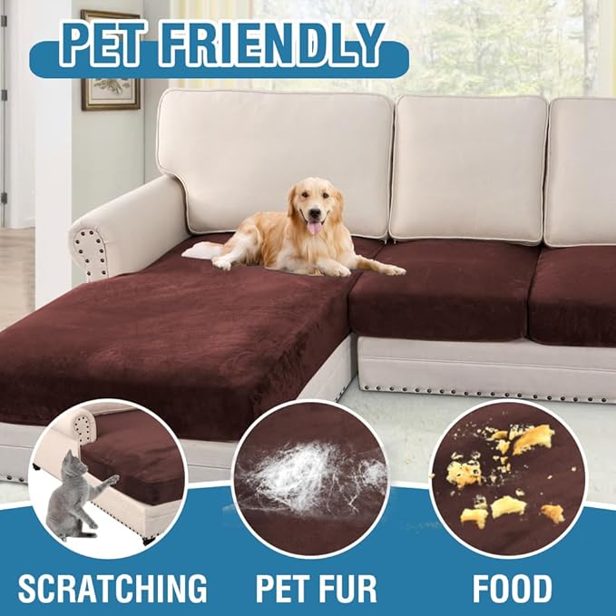 H.VERSAILTEX Velvet Stretch Sectional Couch Covers 3 Pieces Sofa Seat Cushion Covers L Shape Separate Cushion Couch Cover for Both Left/Right Sectional Couch (Large Sofa 2 Seater + 1 Chaise, Brown)