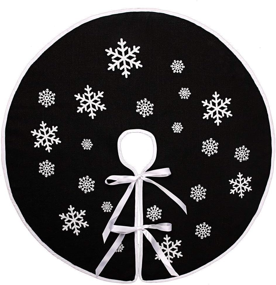 N&T NIETING Christmas Black Tree Skirt, 24 Inch Rustic Burlap Tree Skirt with Snowflakes Printed for Xmas Holiday Party Indoor Home Winter Nightmare Before Christmas Tree Decorations by NTNIETING