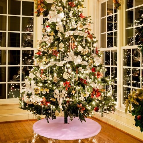 Christmas Tree Skirt Pink Plush 24 inch Xmas Tree Skirt Faux Fur Thick for Family Party Christmas Tree Decoration - Image 3