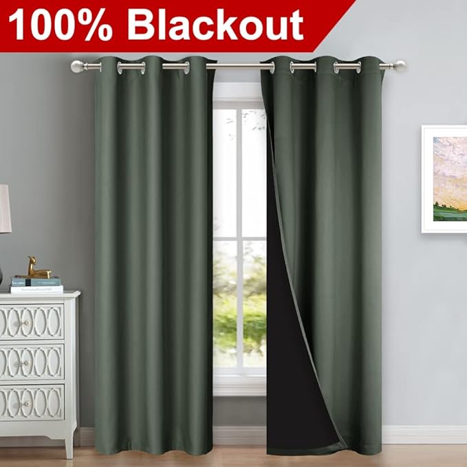 NICETOWN Dark Mallard Blackout Curtains 80 inches Long, Full Light Blocking Drapes with Black Liner for Nursery, Thermal Insulated Draperies for Hall, Villa (2 Pieces, 42" Wide Each Panel)