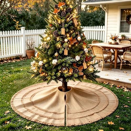 Yuboo 48" Burlap Christmas Tree Skirt with 3-Layer Tassel Design, Brown Rustic Farmhouse Jute Linen Large Fall Tree Skirt for Wedding, Birthday, Christmas Decor - Image 4