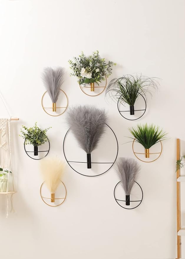 Pretty Jolly Boho Wall Decor, Wall-Mounted Metal Hanging Artificial Pampas Display, Art for Living Room, Bedroom, Bathroom, Dining Room, Plant Decor 2 Pack Gold