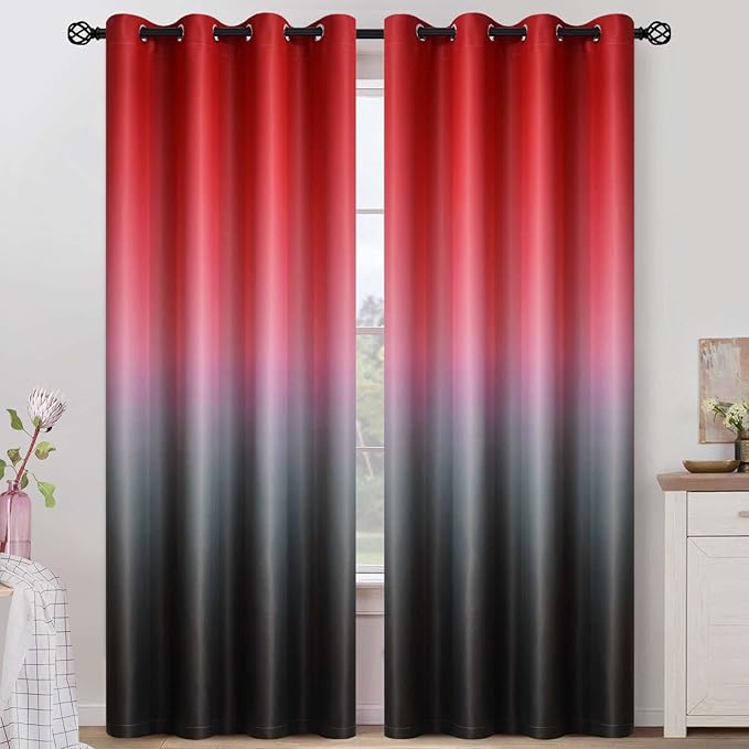 COSVIYA Grommet Ombre Room Darkening Curtains 96 inches Long for Kids Bedroom, Polyester Light Blocking Red to Black Gradient Window Drapes/Curtains for Living Room,2 Panels, 52x96 inches