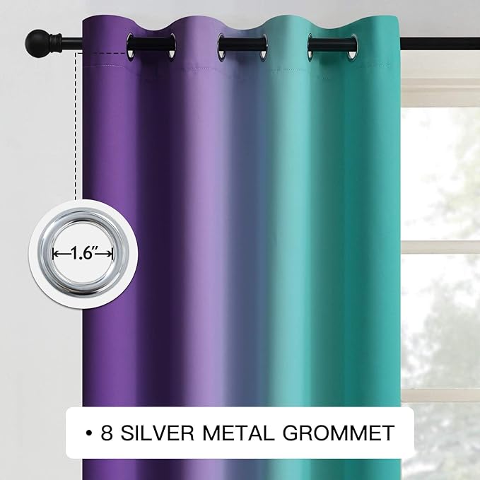 COSVIYA Grommet Ombre Room Darkening Curtains 96 inches Long for Living Room, Polyester Light Blocking Teal and Purple Gradient Window Drapes/Curtains for Kids/Girls Bedroom, 2 Panels, 52x96 inches