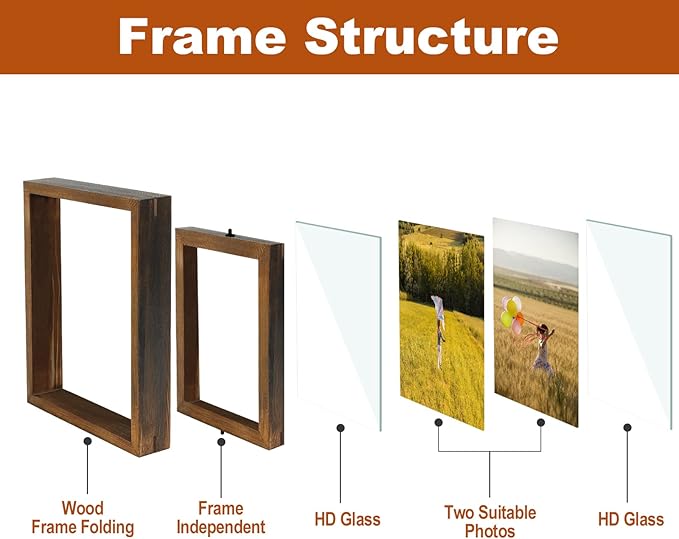 Egofine 2 Pack 5x7 Rotating Floating Picture Frames,Double-Sided Display with HD Glass Front Wooden Distressed Frame for Vertical or Horizontal Tabletop Display, Carbonization